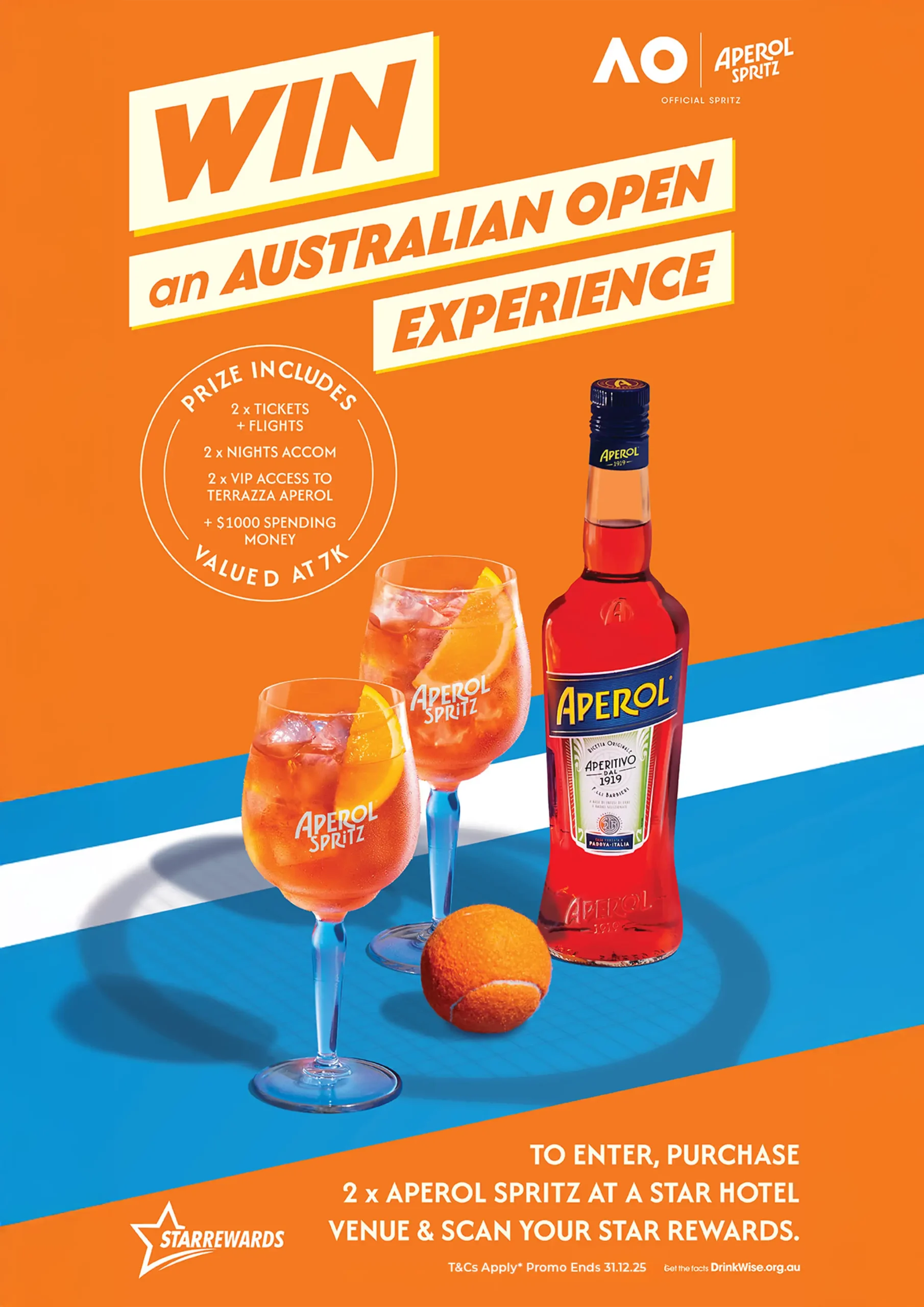 Win the ultimate Aperol experience at your local pub by purchase two Aperol Spritz for your chance to win an experience at the Australian Open.